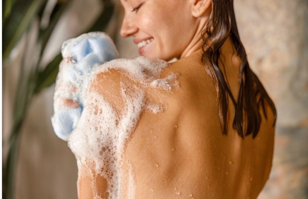 woman showering
